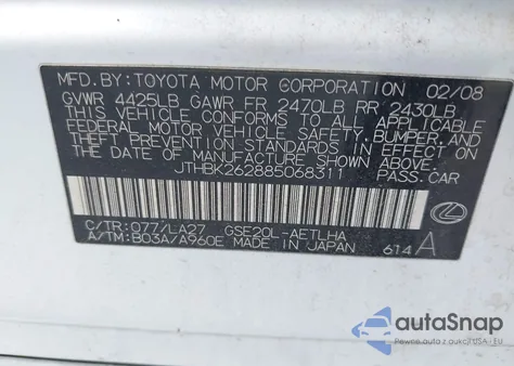 2008 Lexus Is 250 from USA, damaged, VIN JTHBK262885068311